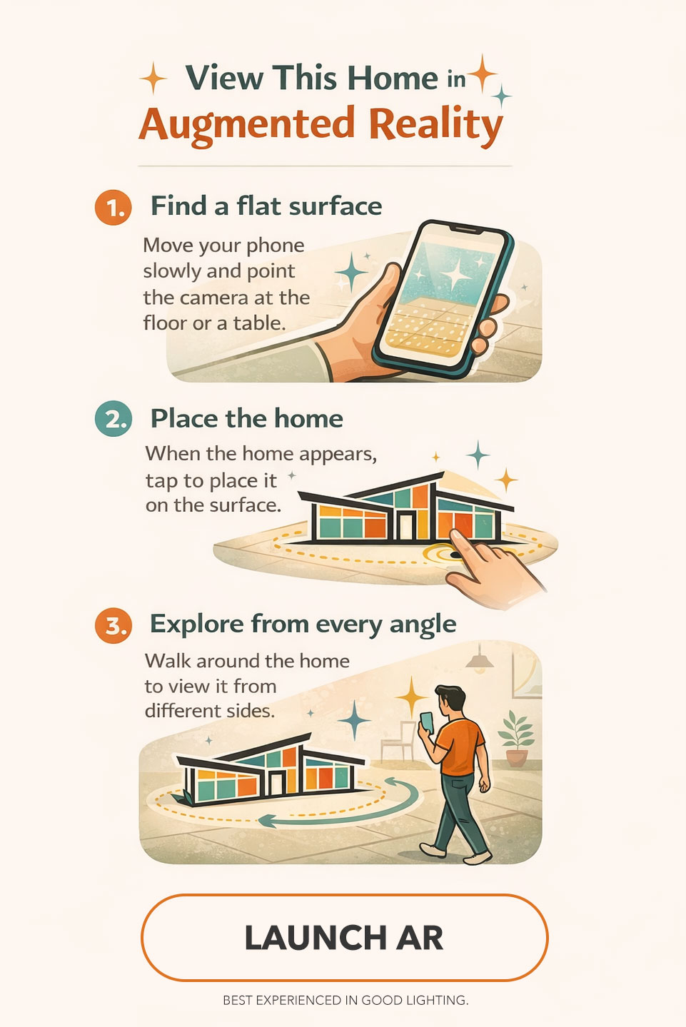 Click to launch. Step 1 - scan flat surface, Step 2 - Tap to place or rotate, Step 3 - Walk around to view.
